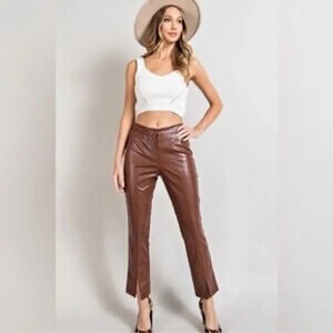 New WILDFOX Brown Faux Leather Front Seam Ankle Slit High Rise Pants Women’s M